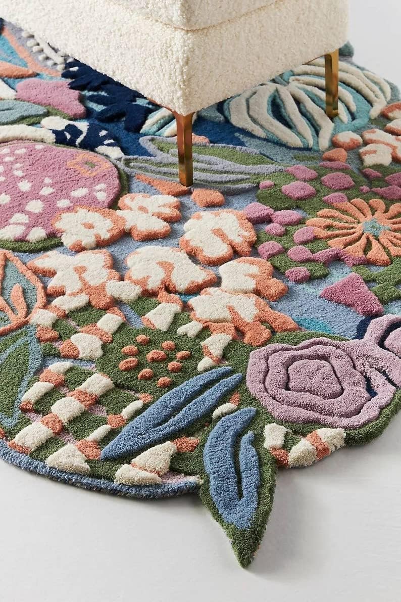 Handmade Colorful Roses Floral Wool Area Rug | Thick & Soft Carpet for Living, Bedroom & Kitchen Deco