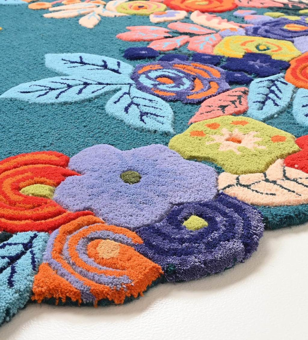 Handmade Colorful Roses Floral Wool Area Rug | Thick & Soft Carpet for Living, Bedroom & Kitchen Deco