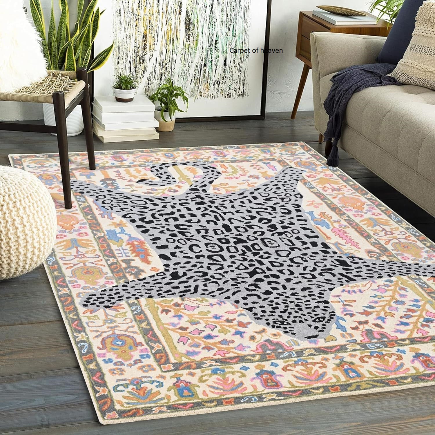 Hand-Tufted Bengal Tiger Animal Print Wool Area Rug - Featuring Symmetrical Palm Leaves Design, Ideal for Living Room, Bedroom, Kitchen & Office, Thick & Durable