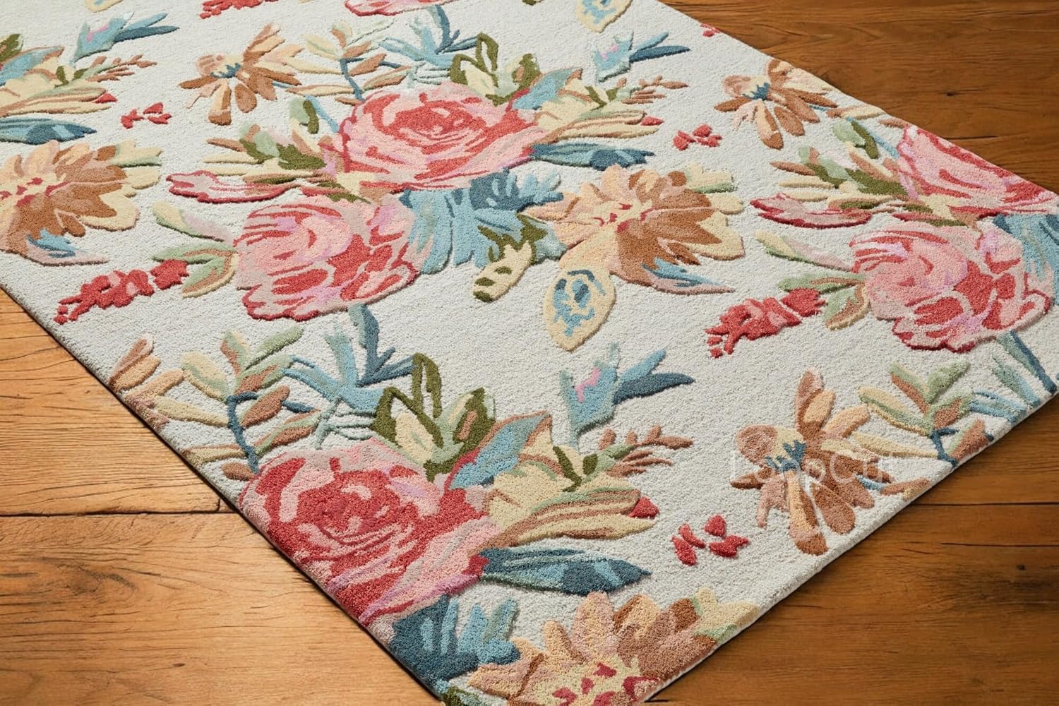 Handmade Colorful Roses Floral Wool Area Rug | Thick & Soft Carpet for Living, Bedroom & Kitchen Deco