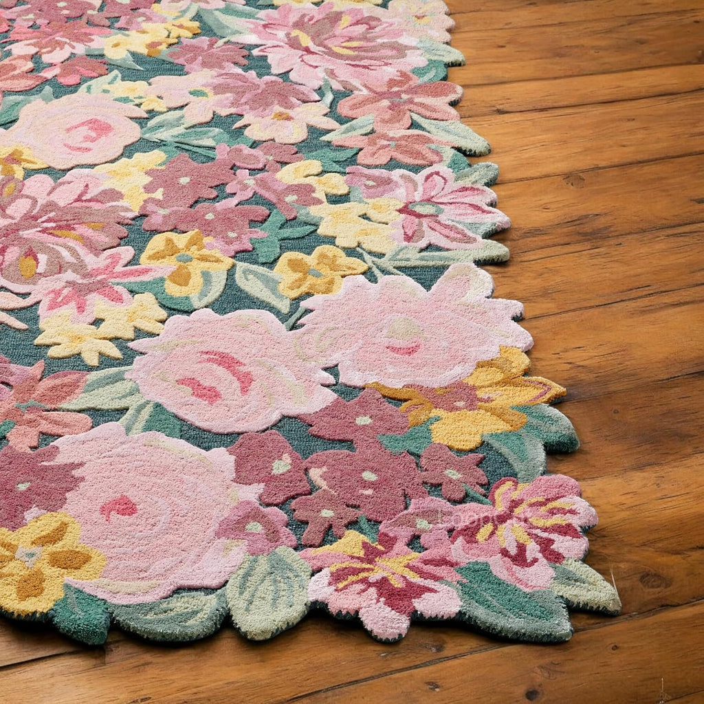 Handmade Colorful Roses Floral Wool Area Rug | Thick & Soft Carpet for Living, Bedroom & Kitchen Deco